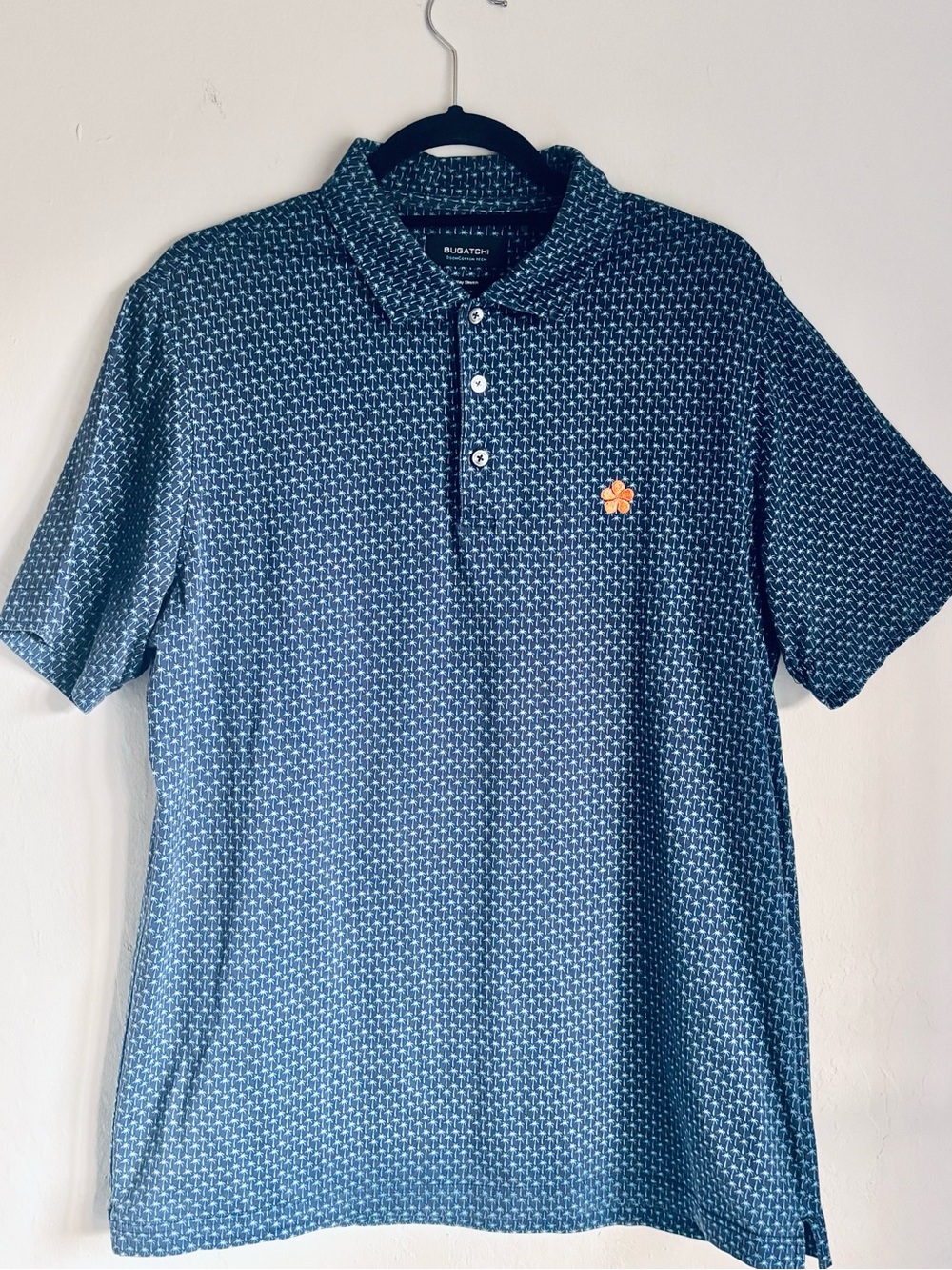 Bugatchi OoohCotton Performance Polo Blue Palm Tree Micro-Pattern Orange Logo, L
